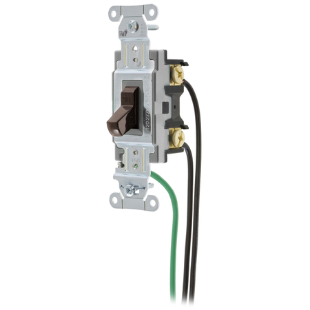 HUBBELL WIRING DEVICE-KELLEMS Spec Grade, Toggle Switches, General Purpose AC, Single Pole, 15A 120/277V AC, Back and Side Wired, Pre-Wired with 8" #12 THHN, Brown CSL115